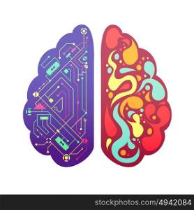 Right Left Brain Symbolic Colorful Image . Left and right human brain cerebral hemispheres pictorial symbolic colorful figure with flowchart and activity zones vector illustration