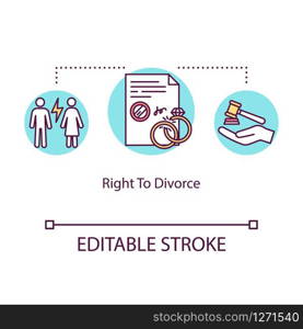 Right to divorce concept icon. Marriage annulment, family law, male and female rights, divorcement procedure thin line illustration. Vector isolated outline RGB color drawing. Editable stroke