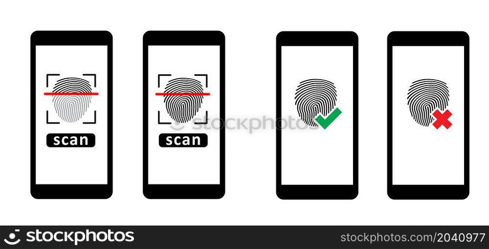 Right, wrong or lock, unlock. People fingerprint or finger print pictogram. Personal touch id app. Mobile touchscreen scan. Human fingerprints icon. Vector sign. Password, blocking, security concept.