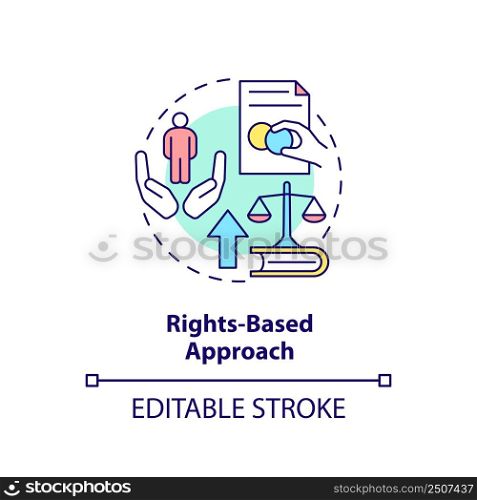 Rights based approach concept icon. Global development. International cooperation abstract idea thin line illustration. Isolated outline drawing. Editable stroke. Arial, Myriad Pro-Bold fonts used. Rights based approach concept icon