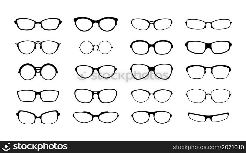 Rim glasses. Black silhouette of spectacles plastic lens frame design. Vintage eyewear style. Eyes care. Elegant isolated optic accessories collection. Vector vision protection retro eyeglasses set. Rim glasses. Black silhouette of spectacles plastic lens frame design. Vintage eyewear style. Eyes care. Optic accessories collection. Vector vision protection retro eyeglasses set