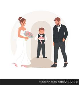 Ring bearer isolated cartoon vector illustration. Cute boy carry rings to bride and groom on little cushion, couple getting married, family life, wedding ceremony, celebration vector cartoon.. Ring bearer isolated cartoon vector illustration.