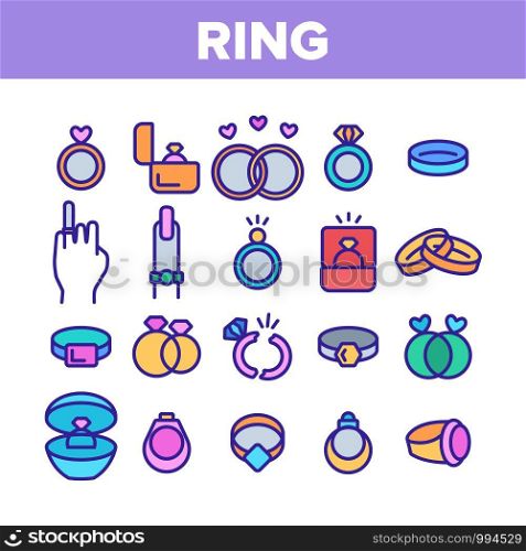 Ring Jewelry Collection Elements Icons Set Vector Thin Line. Wedding Ring On Hand Finger And In Box Container, With Diamond And Broken Concept Linear Pictograms. Monochrome Contour Illustrations. Ring Jewelry Collection Elements Icons Set Vector