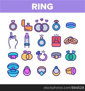 Ring Jewelry Collection Elements Icons Set Vector Thin Line. Wedding Ring On Hand Finger And In Box Container, With Diamond And Broken Concept Linear Pictograms. Monochrome Contour Illustrations. Ring Jewelry Collection Elements Icons Set Vector