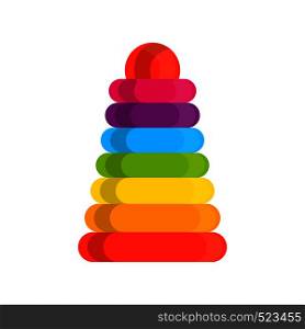 Ring stacker wooden toy rainbow pyramid vector icon. Educational visual baby assembled building tower illustration