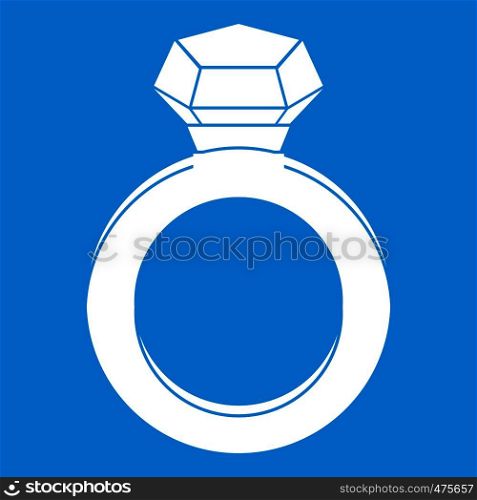 Ring with gemstone icon white isolated on blue background vector illustration. Ring with gemstone icon white