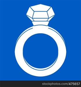 Ring with gemstone icon white isolated on blue background vector illustration. Ring with gemstone icon white