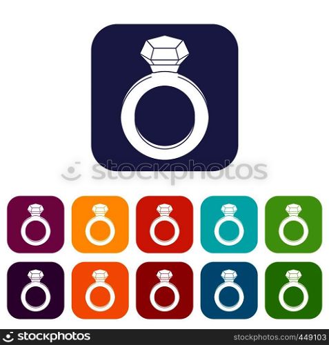 Ring with gemstone icons set vector illustration in flat style In colors red, blue, green and other. Ring with gemstone icons set flat