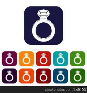 Ring with gemstone icons set vector illustration in flat style In colors red, blue, green and other. Ring with gemstone icons set flat