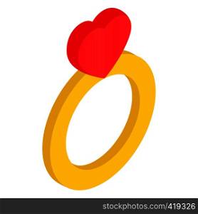 Ring with red heart isometric 3d icon on a white background. Ring with heart isometric 3d icon