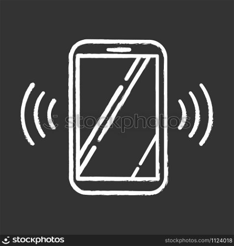 Ringing smartphone chalk icon. Mobile voice control idea. Sound command. Loud volume, audio frequency. Phone call, vibro signal. Modern digital device. Isolated vector chalkboard illustration