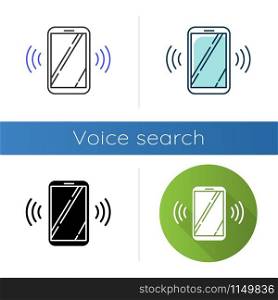 Ringing smartphone icons set. Mobile voice control idea. Sound command. Loud volume, audio frequency. Phone call, vibro signal. Linear, black and color styles. Isolated vector illustrations