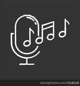 Ringtone recognition chalk icon. Melody definition app idea. Sound recorded. Microphone and notes, music equipment. Voice command. Professional mike. Isolated vector chalkboard illustration