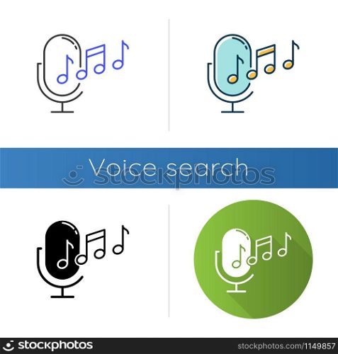 Ringtone recognition icons set. Melody definition app idea. Sound recorded. Microphone and notes, music equipment. Voice command. Linear, black and color styles. Isolated vector illustrations
