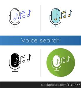 Ringtone recognition icons set. Melody definition app idea. Sound recorded. Microphone and notes, music equipment. Voice command. Linear, black and color styles. Isolated vector illustrations
