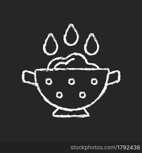Rinse cooking ingredient chalk white icon on dark background. Wash rice on bowl with holes. Soaking product as cooking instruction step. Isolated vector chalkboard illustration on black. Rinse cooking ingredient chalk white icon on dark background