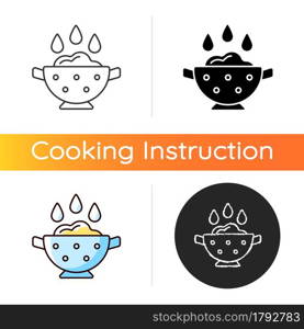 Rinse cooking ingredient icon. Wash rice on bowl with holes. Soaking product as cooking instruction step. Food preparation process. Linear black and RGB color styles. Isolated vector illustrations. Rinse cooking ingredient icon