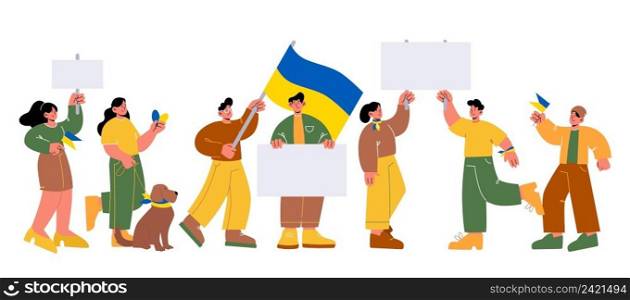 Riot against war on Ukraine, people holding yellow and blue Ukrainian flags and banners on demonstration to stop russian aggression. Young women and men protest, Line art flat vector illustration. Riot against war on Ukraine, people holding flags