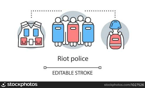 Riot police concept icon. Civil unrest control, rebellion suppression idea thin line illustration. People with shields, vest and protective equipment vector isolated outline drawing. Editable stroke