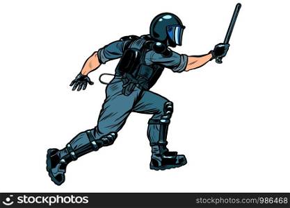 riot policeman attacks with a baton. police work. authoritarian and totalitarian regimes concept.Pop art retro vector illustration drawing. riot policeman attacks with a baton. police work. authoritarian and totalitarian regimes concept