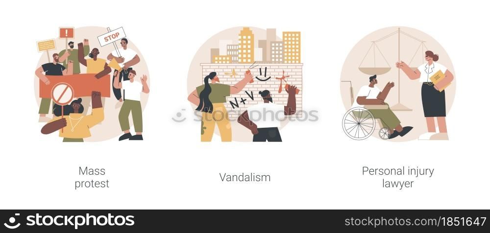 Riots outrage abstract concept vector illustration set. Mass protest, vandalism, personal injury lawyer, demonstration, political rights, racial equity, law enforcement, damage abstract metaphor.. Riots outrage abstract concept vector illustrations.