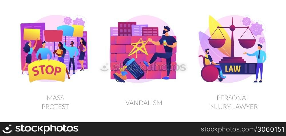 Riots outrage abstract concept vector illustration set. Mass protest, vandalism, personal injury lawyer, demonstration, political rights, racial equity, law enforcement, damage abstract metaphor.. Riots outrage abstract concept vector illustrations.