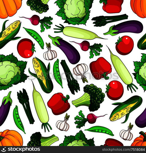 Ripe and healthy farm vegetables seamless pattern. Tomato and radish, pumpkin and bell pepper, pea pod, garlic and corn cob, cabbage, broccoli, asparagus and daikon. Agriculture and vegetarian theme. Ripe and healthy farm vegetables seamless pattern