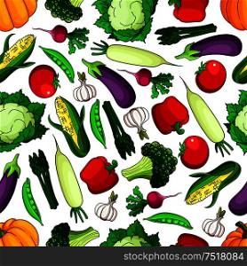 Ripe and healthy farm vegetables seamless pattern. Tomato and radish, pumpkin and bell pepper, pea pod, garlic and corn cob, cabbage, broccoli, asparagus and daikon. Agriculture and vegetarian theme. Ripe and healthy farm vegetables seamless pattern