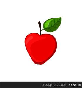 Ripe apple fruit with leaf on top isolated vector. Organic product and healthy lifestyle, dieting and dietary item for people. Nature sweet vitamins. Ripe Apple Fruit with Leaf on Top Icon Vector