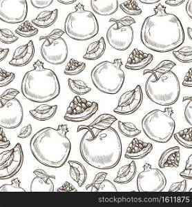 Ripe apples and pomegranates seamless pattern. Fruits with vitamins and minerals. Organic ingredients, natural products for dieting or detoxing. Monochrome sketch outline, vector in flat style. Pomegranate and apple fruits with leaves seamless pattern