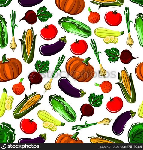 Ripe autumn vegetables seamless pattern background with tomato, onion, corn, eggplant, beet, zucchini, pumpkin and cabbage vegetables. Organic farming or agriculture themes design. Ripe healthy organic vegetables seamless pattern