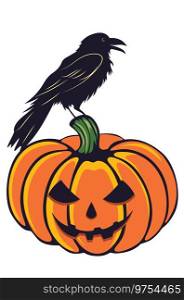Ripe big orange pumpkin with carved face and crow, Halloween themed illustration.