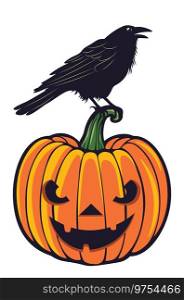 Ripe big orange pumpkin with carved face and crow, Halloween themed illustration.