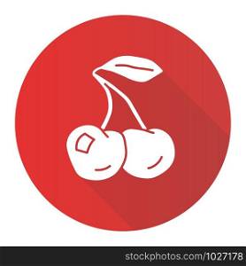 Ripe cherries red flat design long shadow glyph icon. Organic antioxidant, fresh berries vector silhouette illustration. Healthy food, vegan nutrition, vitamin diet symbol. Natural juice ingredient