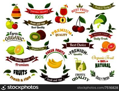 Ripe farm fruits design elements for agriculture and farm market design with ripe apples and pears, oranges and peaches, bananas and lemons, limes and kiwis, cherries, glasses of fresh squeezed juice and ribbon banners with green leaves and stars. Ripe farm fruits design elements