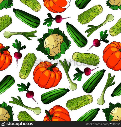 Ripe farm vegetables seamless pattern of zucchini and leek, pumpkin and chinese cabbage, cauliflower and radish vegetables. For agriculture theme or recipe book design usage. Ripe farm vegetables seamless pattern