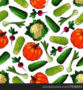Ripe farm vegetables seamless pattern of zucchini and leek, pumpkin and chinese cabbage, cauliflower and radish vegetables. For agriculture theme or recipe book design usage. Ripe farm vegetables seamless pattern
