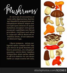 Ripe forest mushrooms of all edible species on promotional poster with sample text cartoon flat vector illustrations Natural harvest of organic food full of healthy proteins.. Ripe forest mushrooms of all edible species on promotional poster with sample text