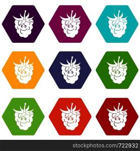 Ripe fresh smiling raspberry icon set many color hexahedron isolated on white vector illustration. Ripe fresh smiling raspberry icon set color hexahedron