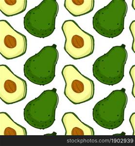 Ripe fruit avocado with seed cut in half. Exotic and natural product for vegans and vegetarians. Delicious dish and meal for menu. Appetizer and dieting. Seamless pattern, vector in flat style. Avocado ripe fruit with seed seamless pattern
