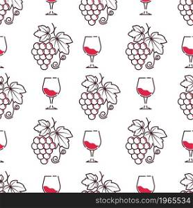 Ripe grapes and glass of sparkling alcoholic beverage. Winemaking and tasting, winery and production of alcohol. Monochrome seamless pattern, background or print, vector in flat style illustration. Winery and wine tasting degustation pattern vector