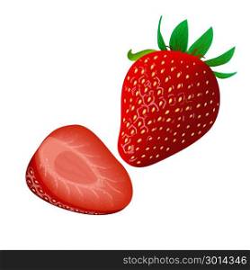Ripe juicy Strawberry isolated on white. Whole and slice. Ripe juicy Strawberry isolated on white. Whole and slice. Side view. Close up. vector illustration. for food design, cooking, cosmetics, perfume, ointment. health care, ointments perfumery label tag