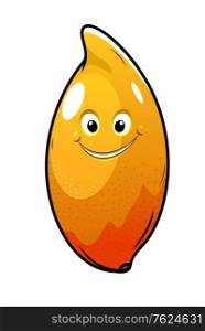 Ripe orange appetizing cartoon tropical mango with a cute little smiling face isolated on white
