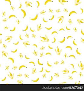 Ripe peeled yellow banana with bitten off part of fruit seamless pattern. Harvesting tropical fruits. Healthy fruits Vector ornament for design of posters and printing on fabrics