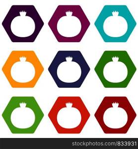 Ripe pomegranate icon set many color hexahedron isolated on white vector illustration. Ripe pomegranate icon set color hexahedron