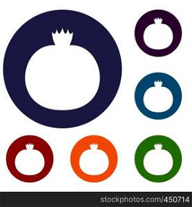 Ripe pomegranate icons set in flat circle reb, blue and green color for web. Ripe pomegranate icons set