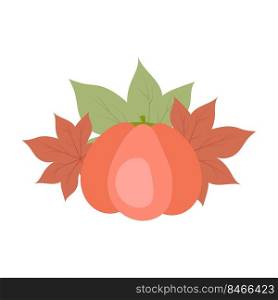 Ripe pumpkin and autumn leaves semi flat color vector object. Cropped harvest. Full sized item on white. all season simple cartoon style illustration for web graphic design and animation. Ripe pumpkin and autumn leaves semi flat color vector object