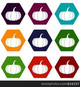 Ripe pumpkin icon set many color hexahedron isolated on white vector illustration. Ripe pumpkin icon set color hexahedron