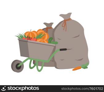 Ripe pumpkins in carriage vector, wheelbarrow with harvested products in bags isolated carrots. Veggies and food, old fashioned way of transportation. Wheelbarrow with Bags and Production Pumpkins