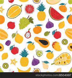 Ripe raw fruits seamless pattern background of vector orange, pineapple and papaya. Tropical exotic fruits mango, durian and feijoa with lemon citrus, watermelon, banana, apricot and kiwi pattern. Ripe fruits seamless pattern, tropical background